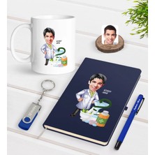 BK Gift Kişiye Özel Erkek Eczacı Karikatürlü Lacivert Defter Kalem Kupa 32GB USB Bellek Hediye Seti-2