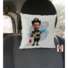 BK Gift Kişiye Özel Itfaiyeci Karikatürlü Kare Araç Koltuk Yastığı-1