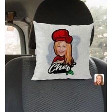 BK Gift Kişiye Özel Kadın Chef Karikatürlü Kare Araç Koltuk Yastığı-10