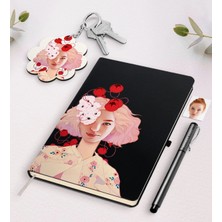 BK Gift Kişiye Özel Kadın Soyut Karikatürlü Siyah Defter Kalem ve Anahtarlık Hediye Seti-2