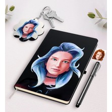 BK Gift Kişiye Özel Kadın Soyut Karikatürlü Siyah Defter Kalem ve Anahtarlık Hediye Seti-25
