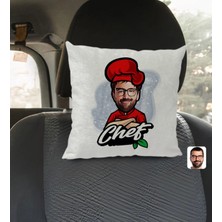 BK Gift Kişiye Özel Erkek Chef Karikatürlü Kare Araç Koltuk Yastığı-10