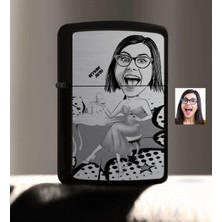 BK Gift Kişiye Özel Bayan Karikatürlü Benzinli Siyah Metal Çakmak - 10