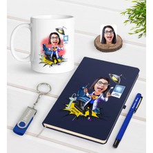 BK Gift Kişiye Özel Kadın Diş Hekimi Karikatürlü Lacivert Defter Kalem Kupa 32GB USB Bellek Hediye Seti-1