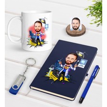 BK Gift Kişiye Özel Erkek Diş Hekimi Karikatürlü Lacivert Defter Kalem Kupa 32GB USB Bellek Hediye Seti-1