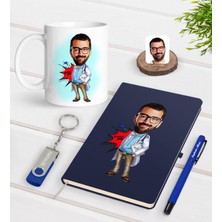 BK Gift Kişiye Özel Erkek Baş Hekim Karikatürlü Lacivert Defter Kalem Kupa 32GB USB Bellek Hediye Seti-1