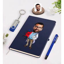 BK Gift Kişiye Özel Erkek Baş Hekim Karikatürlü Lacivert Defter Kalem 32GB USB Bellek Hediye Seti-1