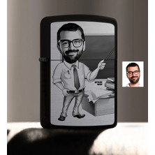 BK Gift Kişiye Özel Bay Öğretmen Karikatürlü Benzinli Siyah Metal Çakmak - 1