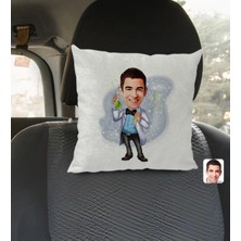 BK Gift Kişiye Özel Erkek Kimya Öğretmeni Karikatürlü Kare Araç Koltuk Yastığı-3