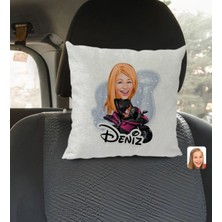 BK Gift Kişiye Özel Isimli Kadın Motorcu Karikatürlü Kare Araç Koltuk Yastığı-1