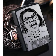 BK Gift Kişiye Özel Bayan Karikatürlü Benzinli Siyah Metal Çakmak - 6
