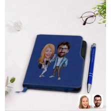 BK Gift Kişiye Özel Sevgililer Karikatürlü Lacivert Termo Deri Defter Kalem Seti-93