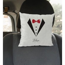BK Gift Kişiye Özel Isimli Damat Tasarımlı Kare Araç Koltuk Yastığı-1