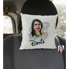 BK Gift Kişiye Özel Isimli Kadın Karikatürlü Kare Araç Koltuk Yastığı-30