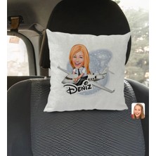 BK Gift Kişiye Özel Isimli Kadın Kaptan Pilot Karikatürlü Kare Araç Koltuk Yastığı-1