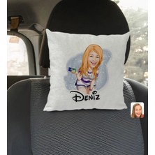 BK Gift Kişiye Özel Isimli Kadın Karikatürlü Kare Araç Koltuk Yastığı-36