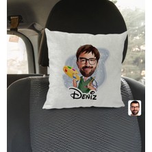 BK Gift Kişiye Özel Isimli Erkek Ressam Karikatürlü Kare Araç Koltuk Yastığı-1