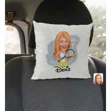 BK Gift Kişiye Özel Isimli Kadın Tenis Oyuncusu Karikatürlü Kare Araç Koltuk Yastığı-1