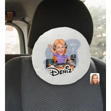 BK Gift Kişiye Özel Isimli Kadın Radyocu Karikatürlü Yuvarlak Araç Koltuk Yastığı-1