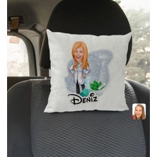 BK Gift Kişiye Özel Isimli Kadın Eczacı Karikatürlü Kare Araç Koltuk Yastığı-1