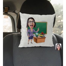 BK Gift Kişiye Özel Kadın Öğretmen Karikatürlü Kare Araç Koltuk Yastığı-1