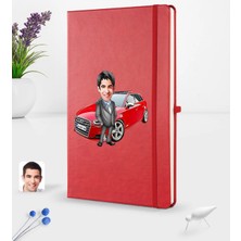 BK Gift Kişiye Özel Plakalı Erkek Audi A3 Karikatürlü Kırmızı Termo Deri Defter 16X24CM Model 2