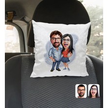 BK Gift Kişiye Özel Sevgililer Karikatürlü Kare Araç Koltuk YASTIĞI-105