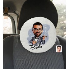 BK Gift Kişiye Özel Isimli Erkek Patron Karikatürlü Yuvarlak Araç Koltuk Yastığı-3