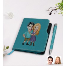 BK Gift Kişiye Özel Sevgililer Karikatürlü Turkuaz Termo Deri Defter Kalem Seti-80