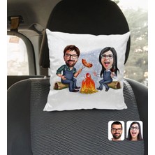 BK Gift Kişiye Özel Sevgililer Karikatürlü Kare Araç Koltuk Yastığı-95