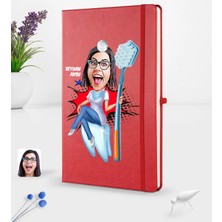 BK Gift Kişiye Özel Kadın Diş Hekimi Karikatürlü Kırmızı Termo Deri Defter 16X24CM Model 3
