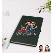 BK Gift Kişiye Özel Sevgililer Karikatürlü Yeşil Termo Deri Defter Model 97
