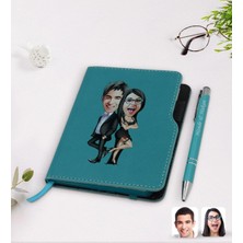 BK Gift Kişiye Özel Sevgililer Karikatürlü Turkuaz Termo Deri Defter Kalem Seti-6