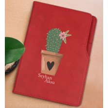 Bk Gift Kişiye Özel Kaktüs Tasarımlı Kırmızı Termo Deri Not Defteri 15X21CM-6