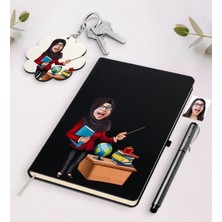 BK Gift Kişiye Özel Bayan Öğretmen Karikatürlü Siyah Defter Kalem ve Anahtarlık Hediye Seti-7