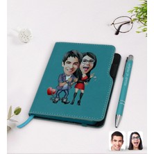 BK Gift Kişiye Özel Sevgililer Karikatürlü Turkuaz Termo Deri Defter Kalem Seti-1