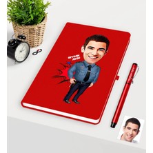 BK Gift Kişiye Özel Bay Polis Karikatürlü Kırmızı Defter Kalem Seti - 3