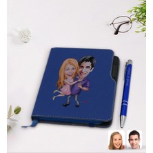 BK Gift Kişiye Özel Sevgililer Karikatürlü Lacivert Termo Deri Defter Kalem Seti-3