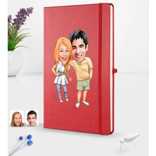 BK Gift Kişiye Özel Sevgililer Karikatürlü Karikatürlü Kırmızı Termo Deri Defter 16X24CM Model 98