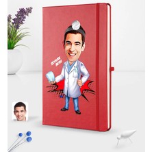 BK Gift Kişiye Özel Erkek Diş Hekimi Karikatürlü Kırmızı Termo Deri Defter 16X24CM Model 3
