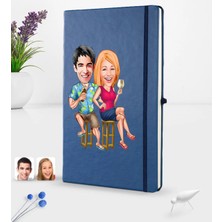 BK Gift Kişiye Özel Sevgililer Karikatürlü Karikatürlü Lacivert Termo Deri Defter 16X24CM Model 51