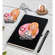 BK Gift Kişiye Özel Kadın Youtuber Karikatürlü Siyah Defter Kalem ve Anahtarlık Hediye Seti-2