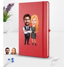 BK Gift Kişiye Özel Sevgililer Karikatürlü Karikatürlü Kırmızı Termo Deri Defter 16X24CM Model 100