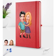 BK Gift Kişiye Özel Sevgililer Karikatürlü Karikatürlü Kırmızı Termo Deri Defter 16X24CM Model 80