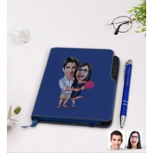 BK Gift Kişiye Özel Sevgililer Karikatürlü Lacivert Termo Deri Defter Kalem SETI-108