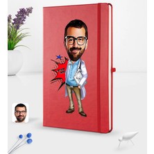 BK Gift Kişiye Özel Erkek Doktor Karikatürlü Kırmızı Termo Deri Defter 16X24CM Model 3