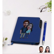 BK Gift Kişiye Özel Sevgililer Karikatürlü Lacivert Termo Deri Defter Kalem SETI-109
