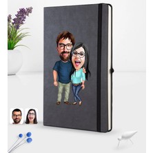 BK Gift Kişiye Özel Sevgililer Karikatürlü Siyah Termo Deri Defter 16X24CM Model 109