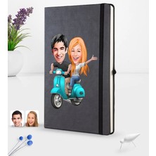 BK Gift Kişiye Özel Sevgililer Karikatürlü Siyah Termo Deri Defter 16X24CM Model 99