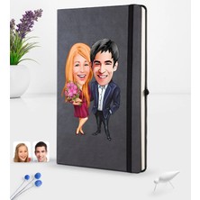BK Gift Kişiye Özel Sevgililer Karikatürlü Siyah Termo Deri Defter 16X24CM Model 94